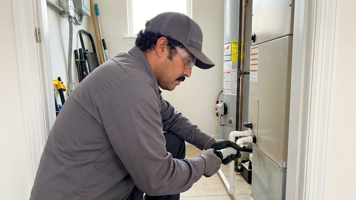 Técnico destapando el drenaje del manejador de aire que gotea agua en un clóset