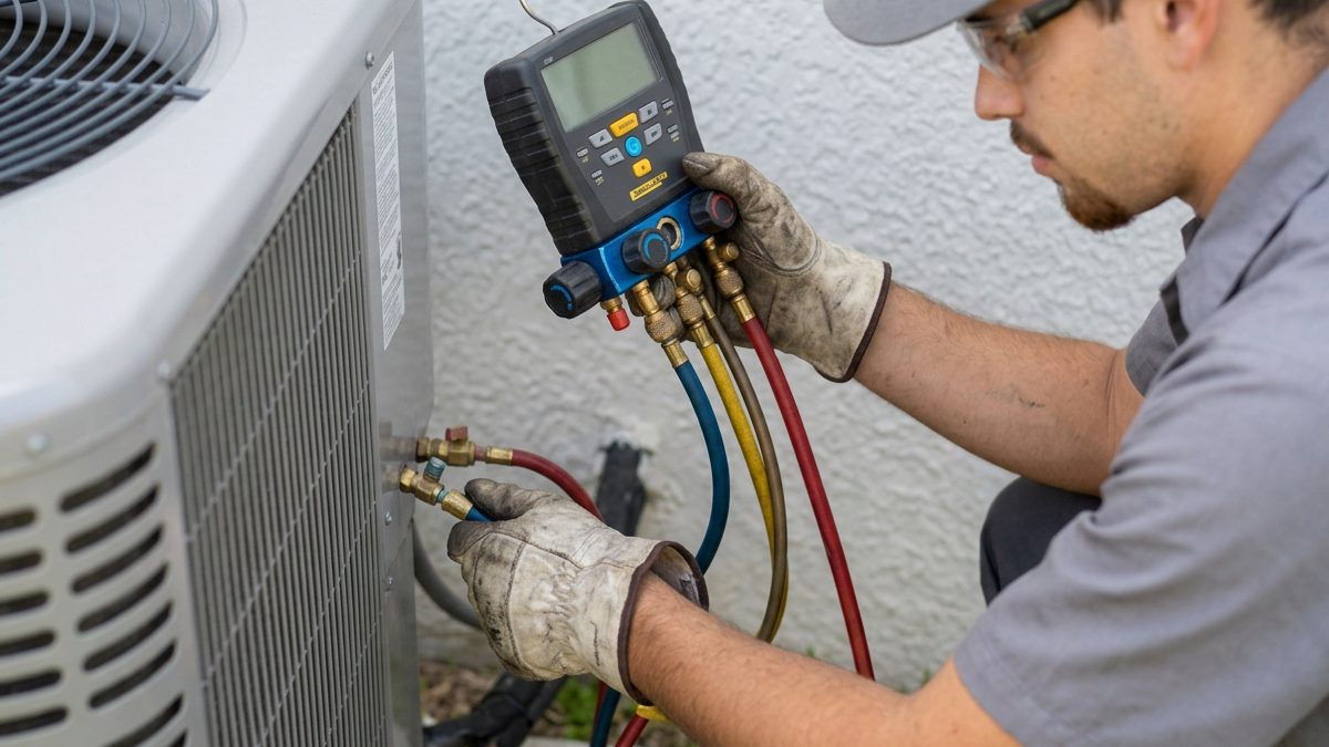 Technician connecting gauges to an outdoor unit to check refrigerant pressure